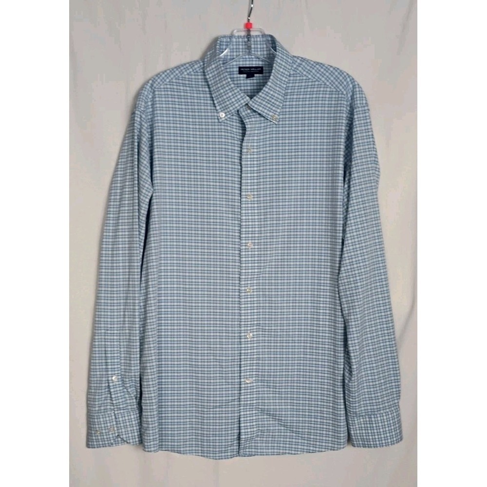 Peter Millar Mens Sz L Blue Check Crown Crafted Long Sleeve Button Down Shirt